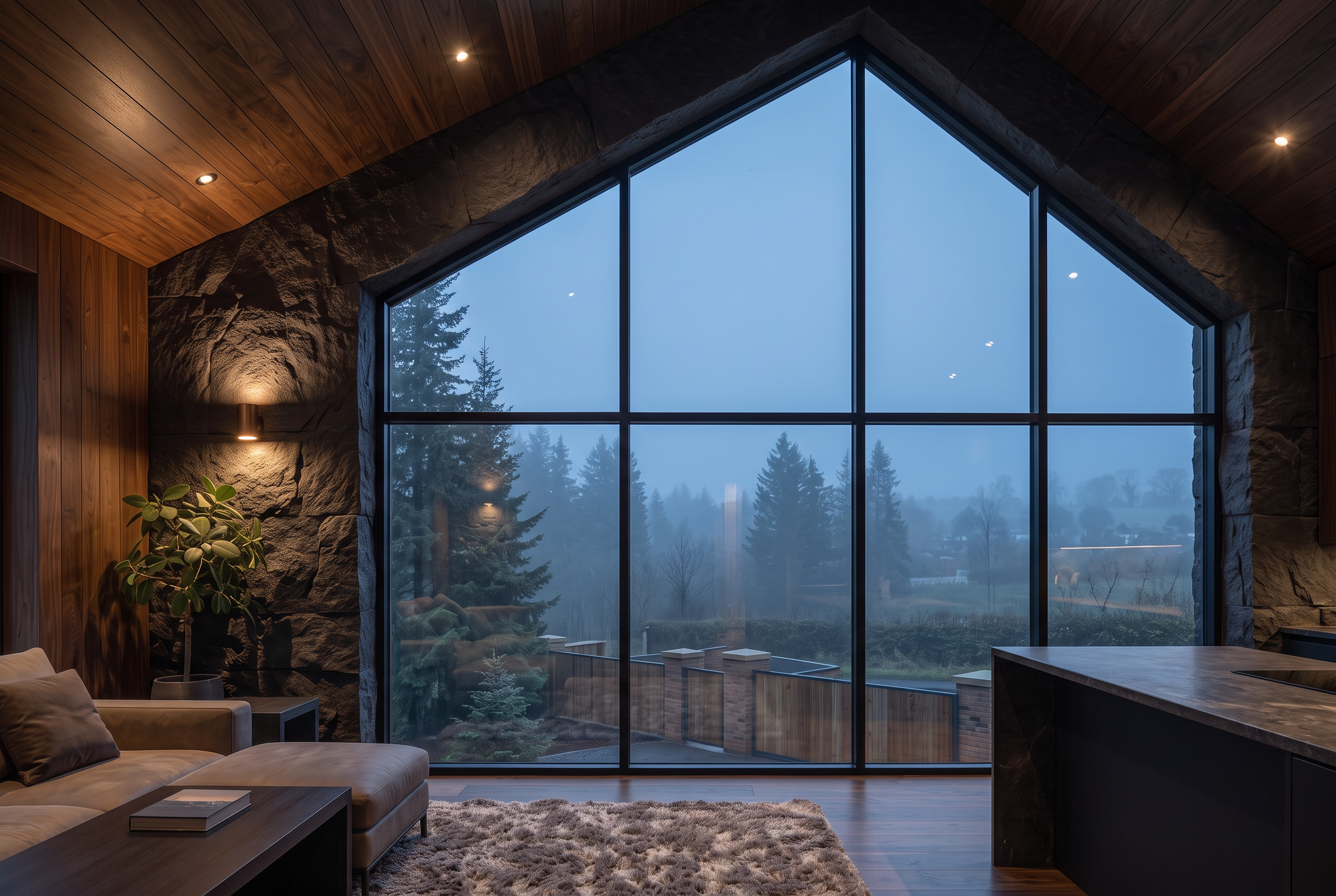 Angled Glass in a forest house interior