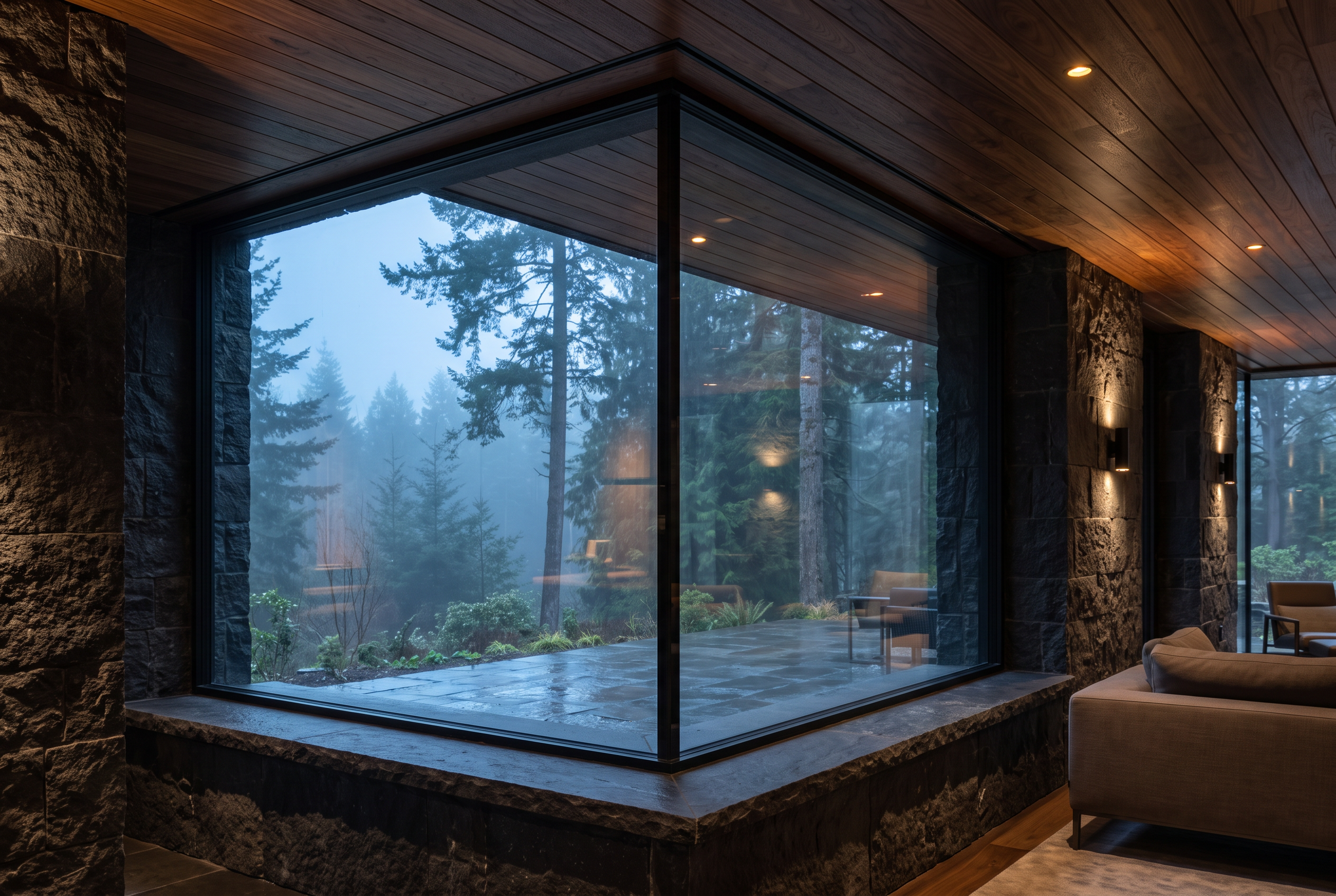 Corner Glass in a forest house interior