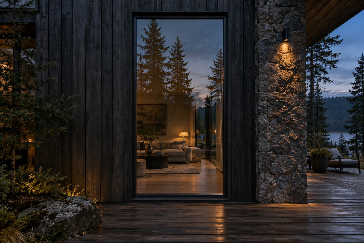 Dark timber house with a single picture window, stone pier and warm dusk lighting